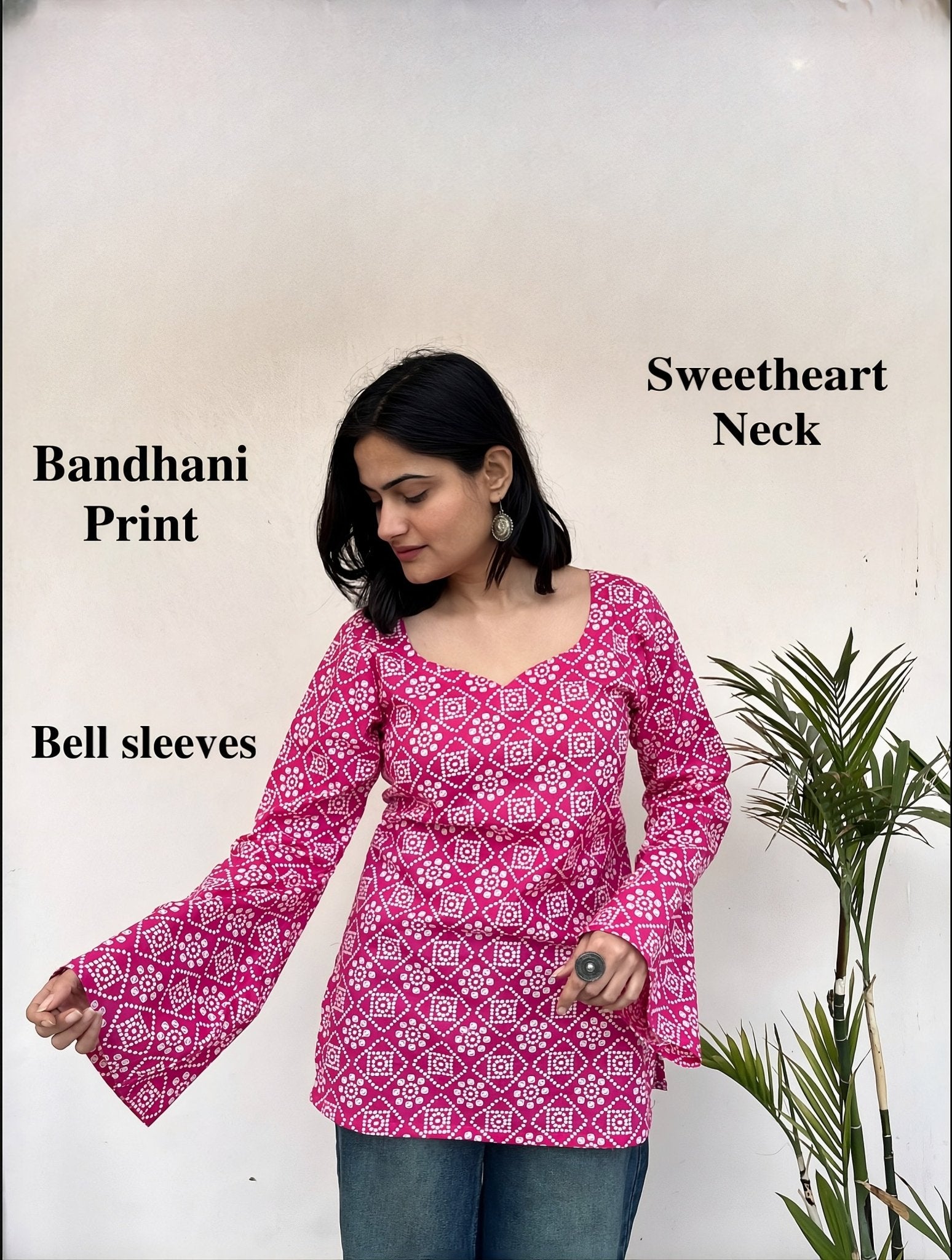 DILRUBA-Bandhani Print Sweetheart Neck Short Kurti - Roopinee Clothing