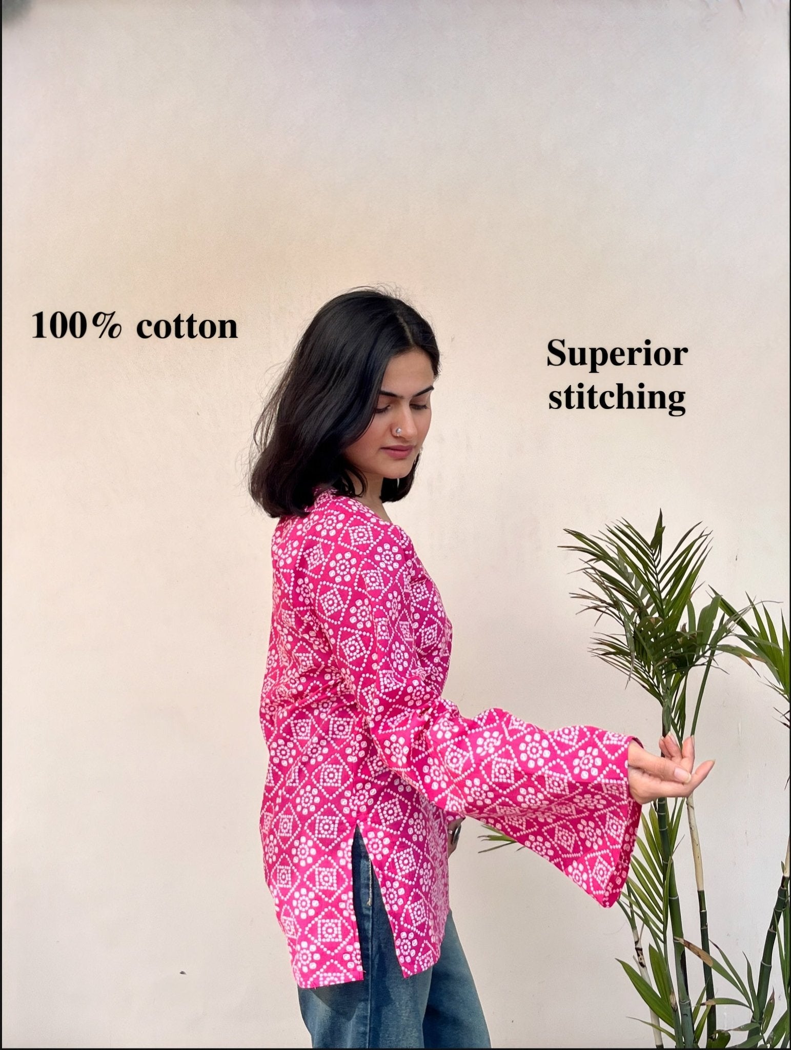 DILRUBA-Bandhani Print Sweetheart Neck Short Kurti - Roopinee Clothing
