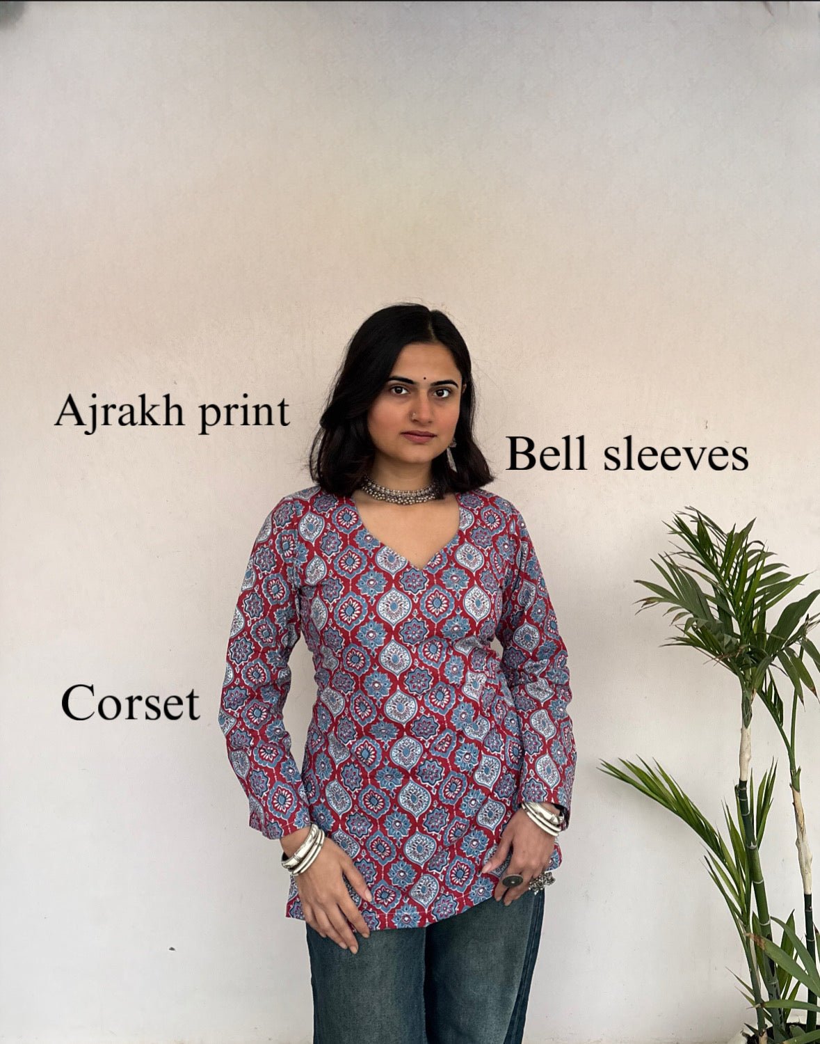 ROZA – Azrakh Print Corset Short Kurti - Roopinee Clothing
