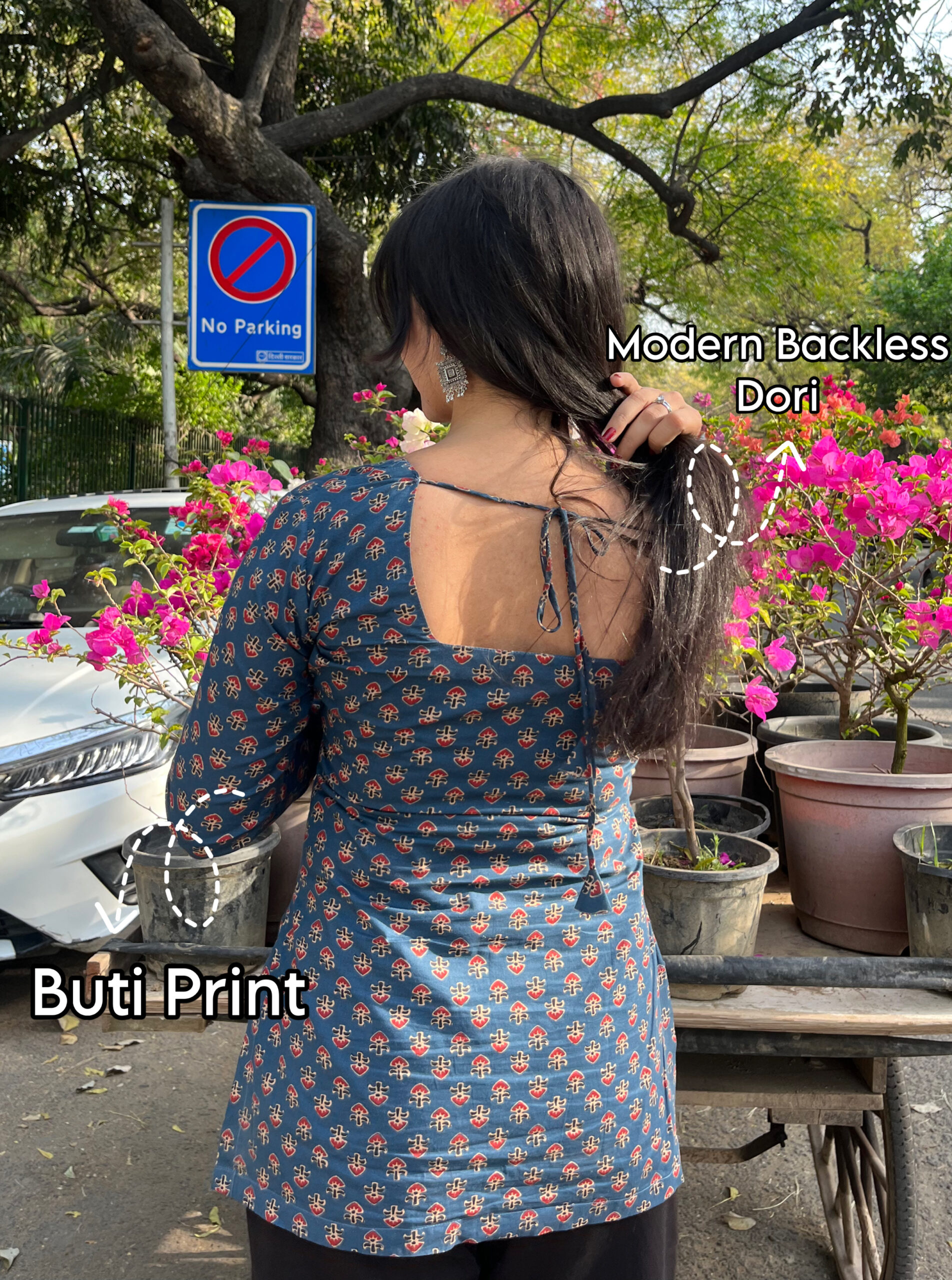 morni buti print square neck backless short kurti morni buti print square neck backless short kurti
